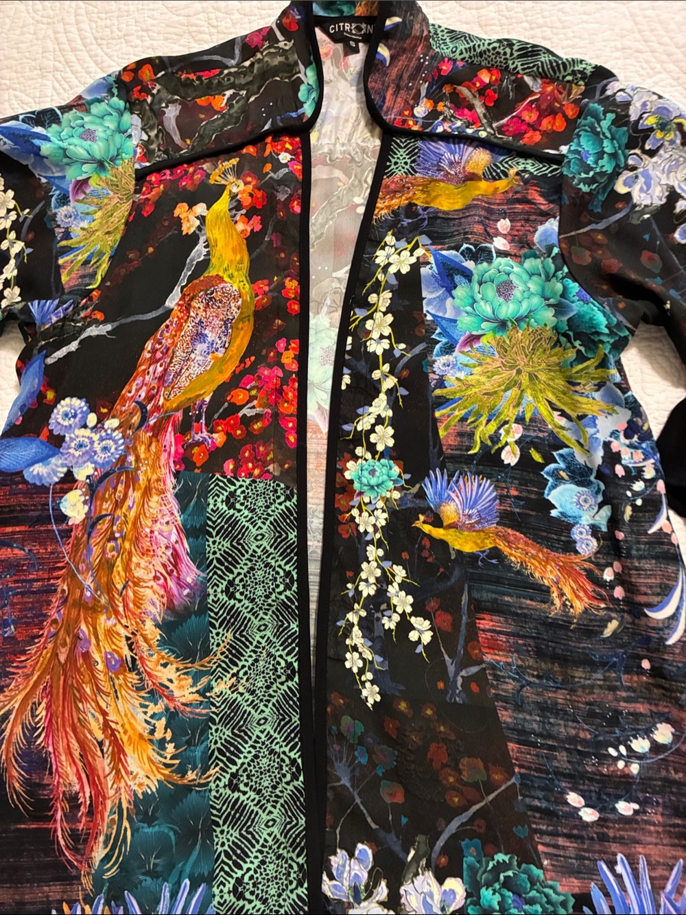 Citron multicolor Longline kimona Jacket with Multicolor Floral & Bird Motif